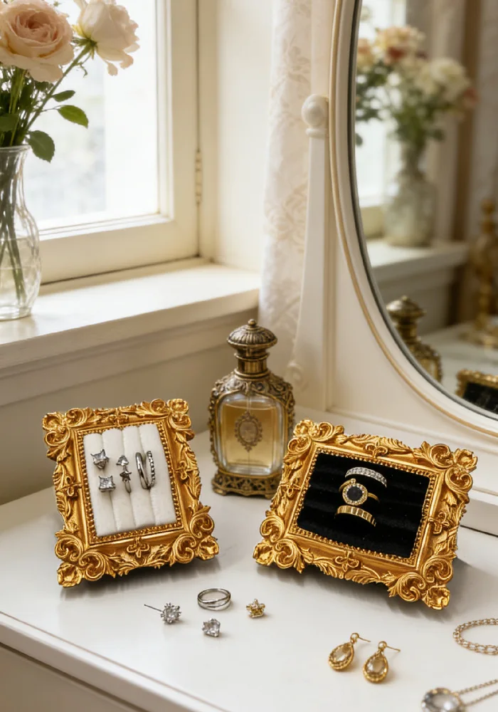 Vintage-Bilderrahmen-Ringständer, Dekoration für den Schminktisch, Barock-Ohrringablage, Schmuck-Organizer-Regal – Detail 11