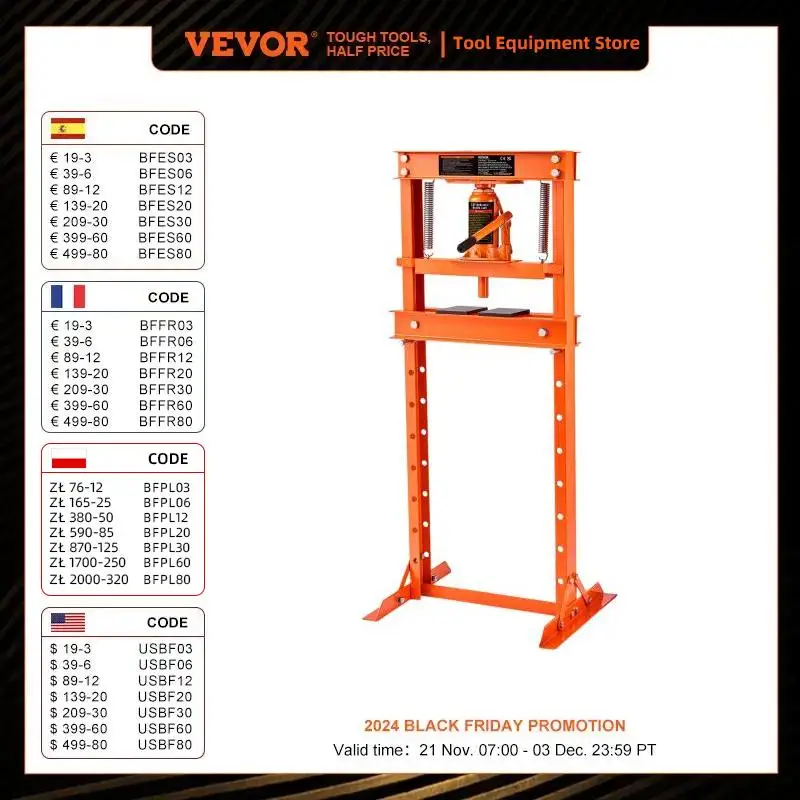 VEVOR 6/12 Ton Hydraulic H-Frame Garage Floor Adjustable Shop Press with Plates 6T/12T Orange for Garages or Professional Shops