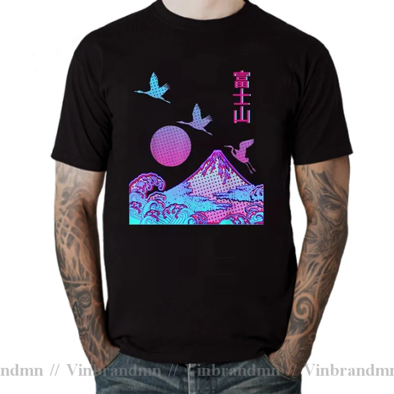 Fuji Yama Japan Otaku Kanji Japanese Herons Rising Pink Sun T shirts men Great Kanagawa Wave T-shirt Hokusai Art Tshirt