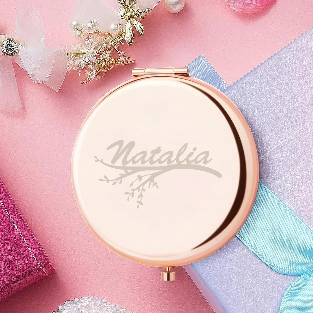 1pc Creative branch Custom Name Folding Mirror Round Circle Mirror Makeup Mirror Mirror With Name Pocket Mirror