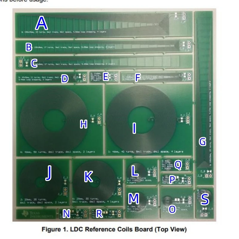 LDCCOILEVM evaluation module paired with 19 PCB coils for inductance digital converter