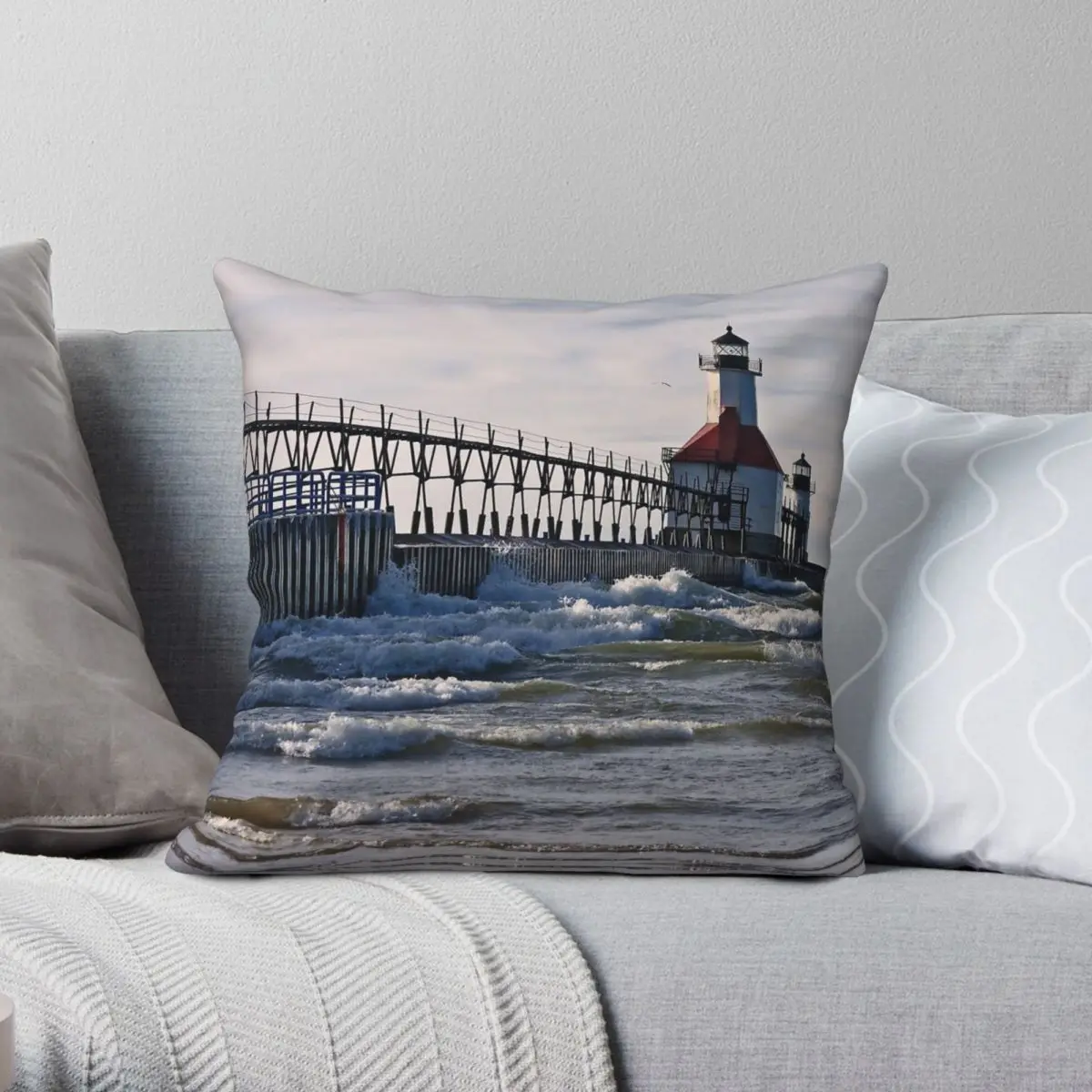 St. Joseph Lighthouse Michigan Square Pillowcase Polyester Linen Velvet Pattern Zip Decorative Home Cushion Cover Wholesale 18