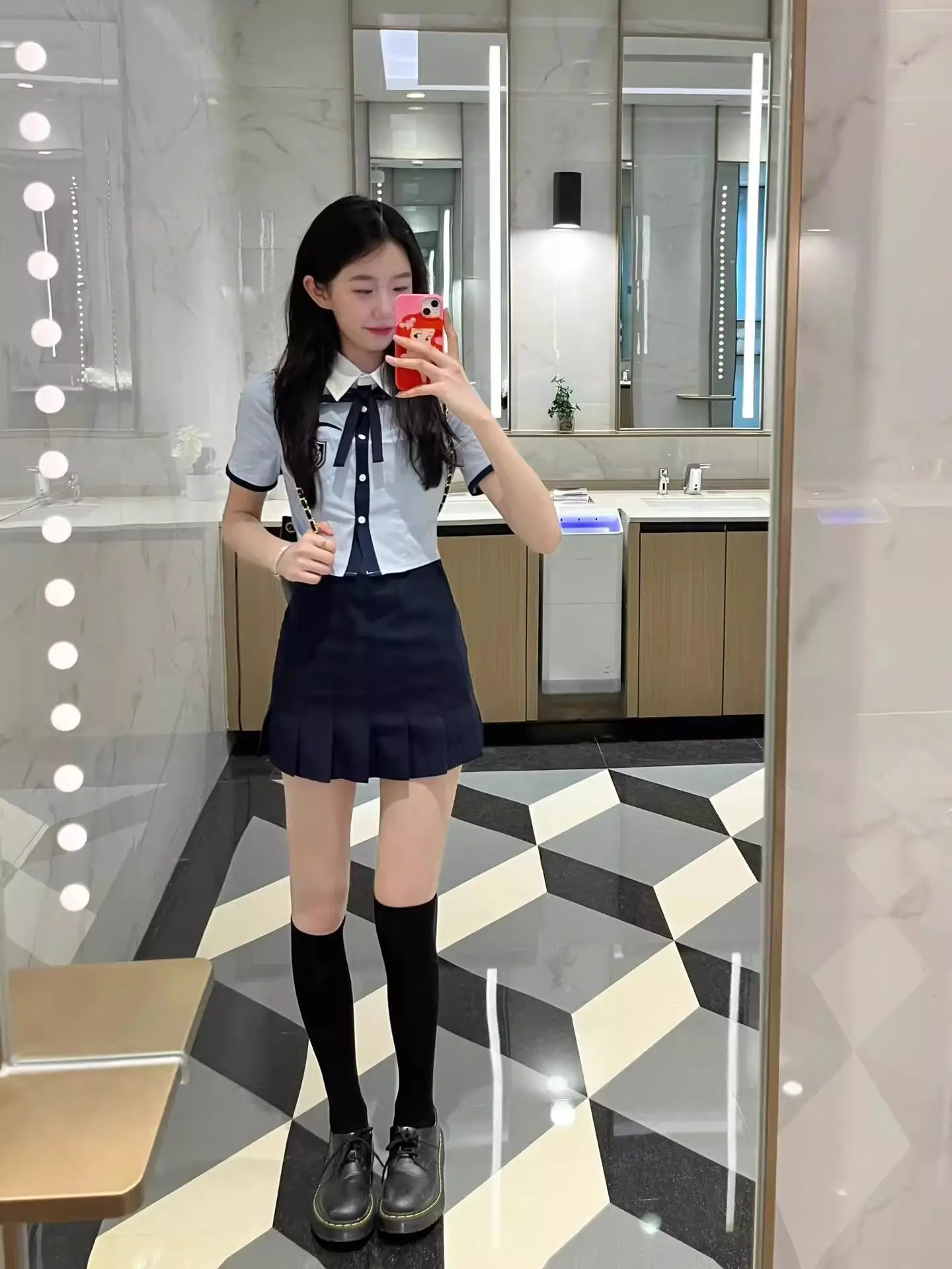 Thai Sle orm School orm Set été ort Sve taille douce et épicée cintrée bleu irt jupe plissée enveloppante...