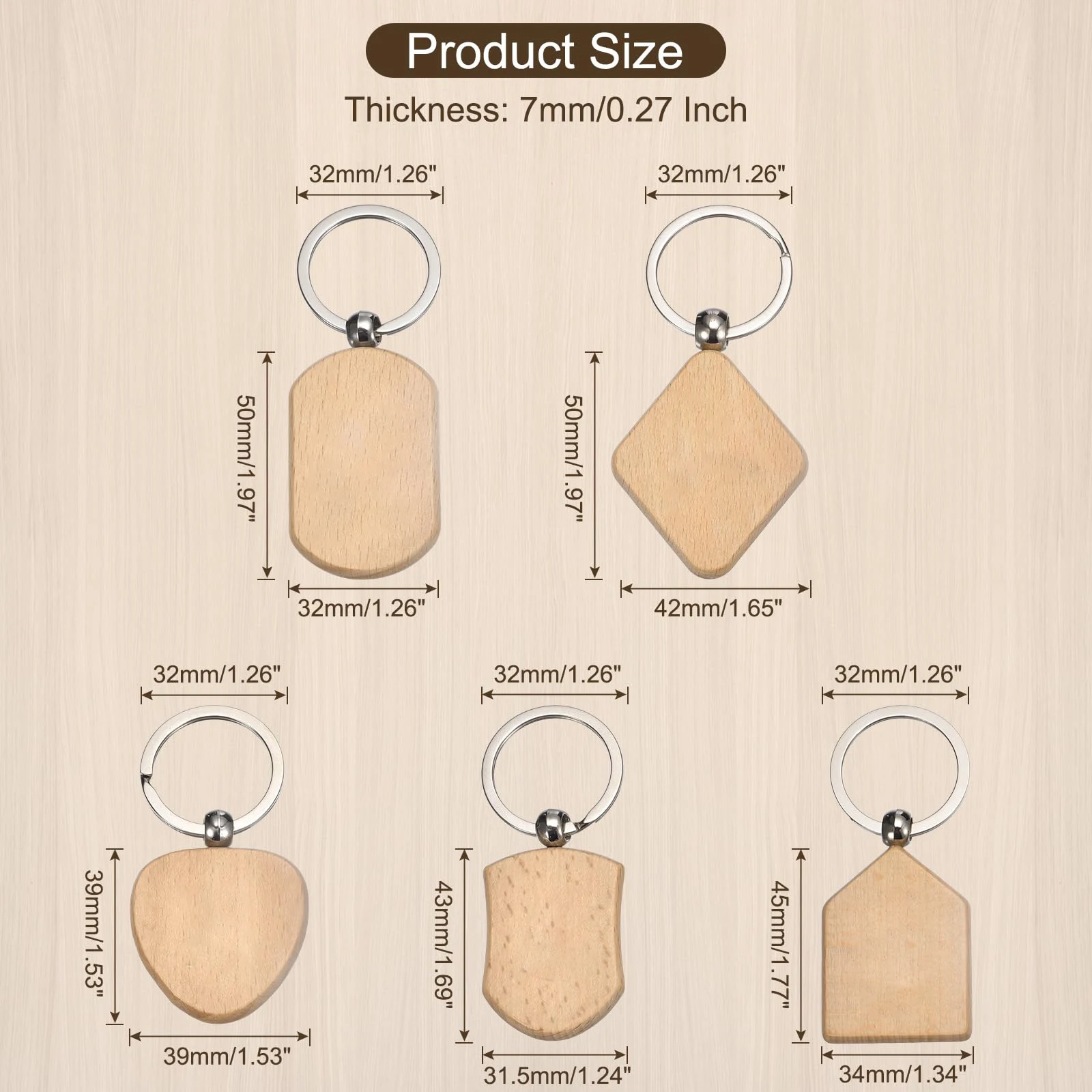 50Pcs/Set Blank Wooden Key Chain Geometry Shape Key Chains Tags Wood Keychains Key Ring Tag For DIY Crafts Gifts