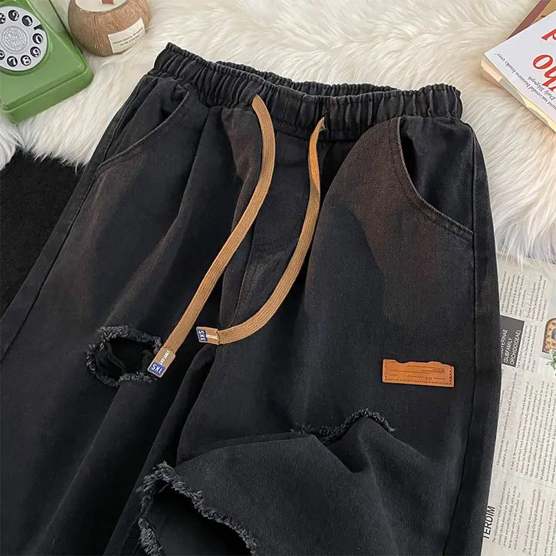 Men\'s Trendy Vintage Casual Streetwear Y2K Hole Jeans Short Pants 2024 Summer Youth Harajuku Pockets Loose Straight Denim Shorts