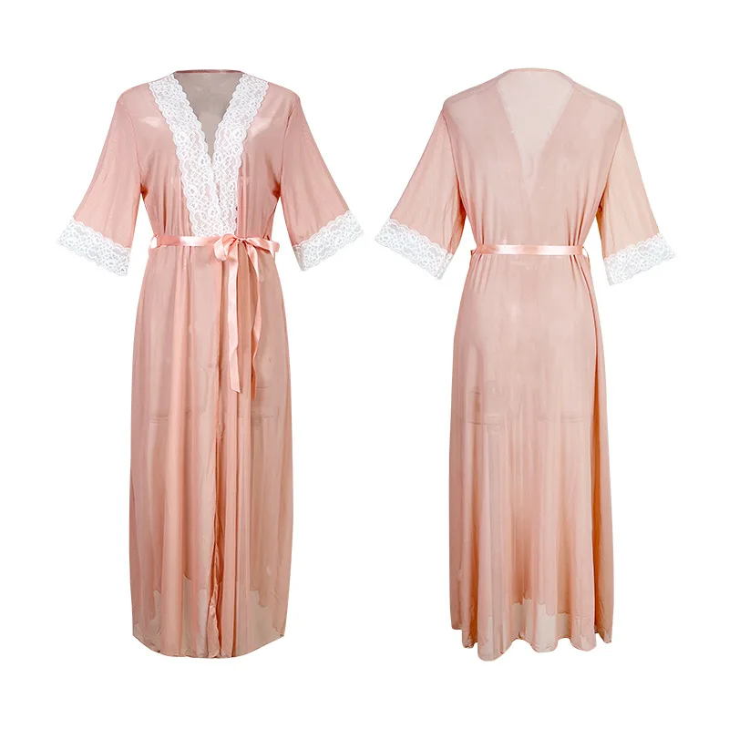 Lace Sleeve V Neck Robe Women Sexy Mesh Perspective Bathrobe Kimono Long Summer Nightgown Sleepdress Loose Bride Wedding Gown
