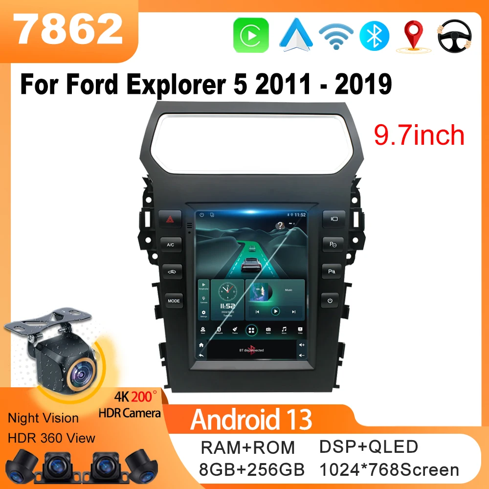 Car Radio Android 13 For Ford Explorer 5 2011 - 2019 Tesla Style Car Navigation Video multimediale Touch Display Carplay CPU 9.7