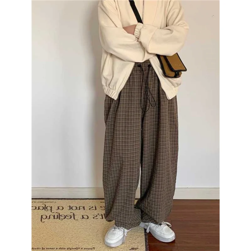 

Свободные широкие повседневные брюки для мужчин больших размеров, осенне-зимние, в клетку, модные, для пар, рабочая одежда, свободные брюки-фонарики, трендовые