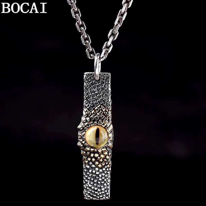 BOCAI New S925 Sterling Silver Jewelry Vintage Hip-hop Tiger Eye Pendant Men's Selected Gift