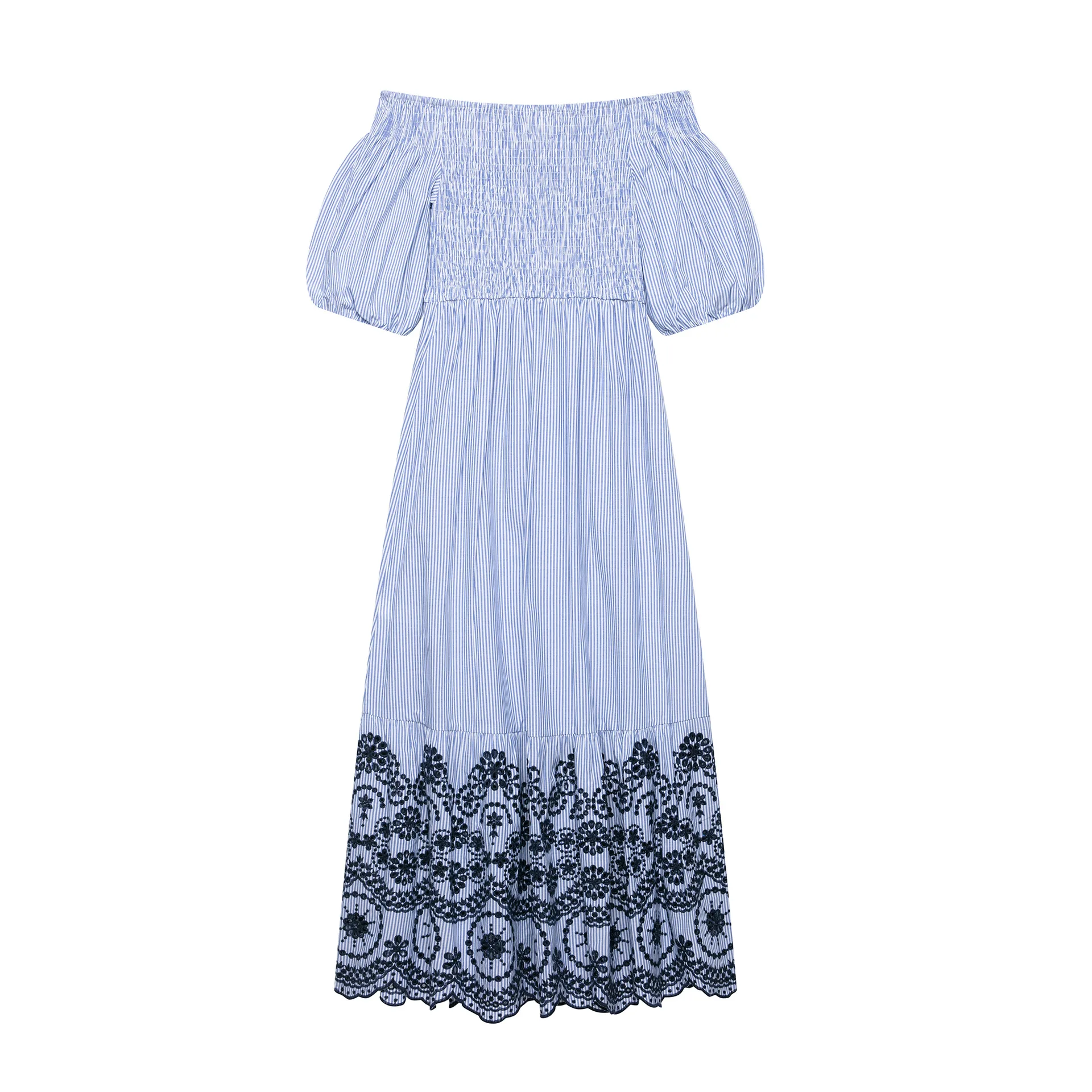 Women Fashion Vintage Striped Maxi Dress New Black Embroidery Decoration Dress Off Shoulder Midi Dress Elegant Party Dress