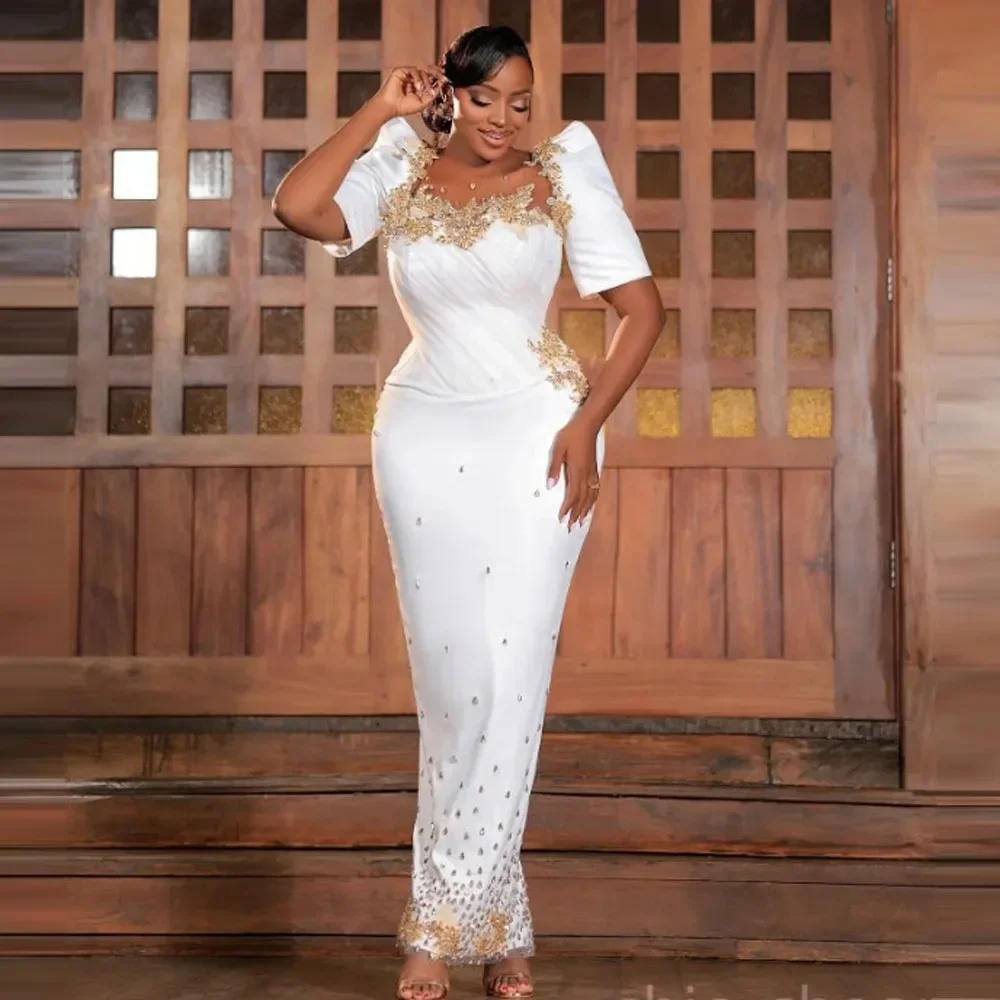 

Elegant White Mermaid 3D Crystal Decal African Women's Evening Dress Sexy Transparent Collar Plus Size Ball Dress Customized