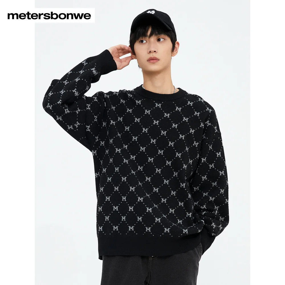 Metersbonwe-Men Long-Sleeved Sweater Jumper Rpund Collar Letter Jacquard  Minimalist Stylish Casual Warm Wear Tops Winter