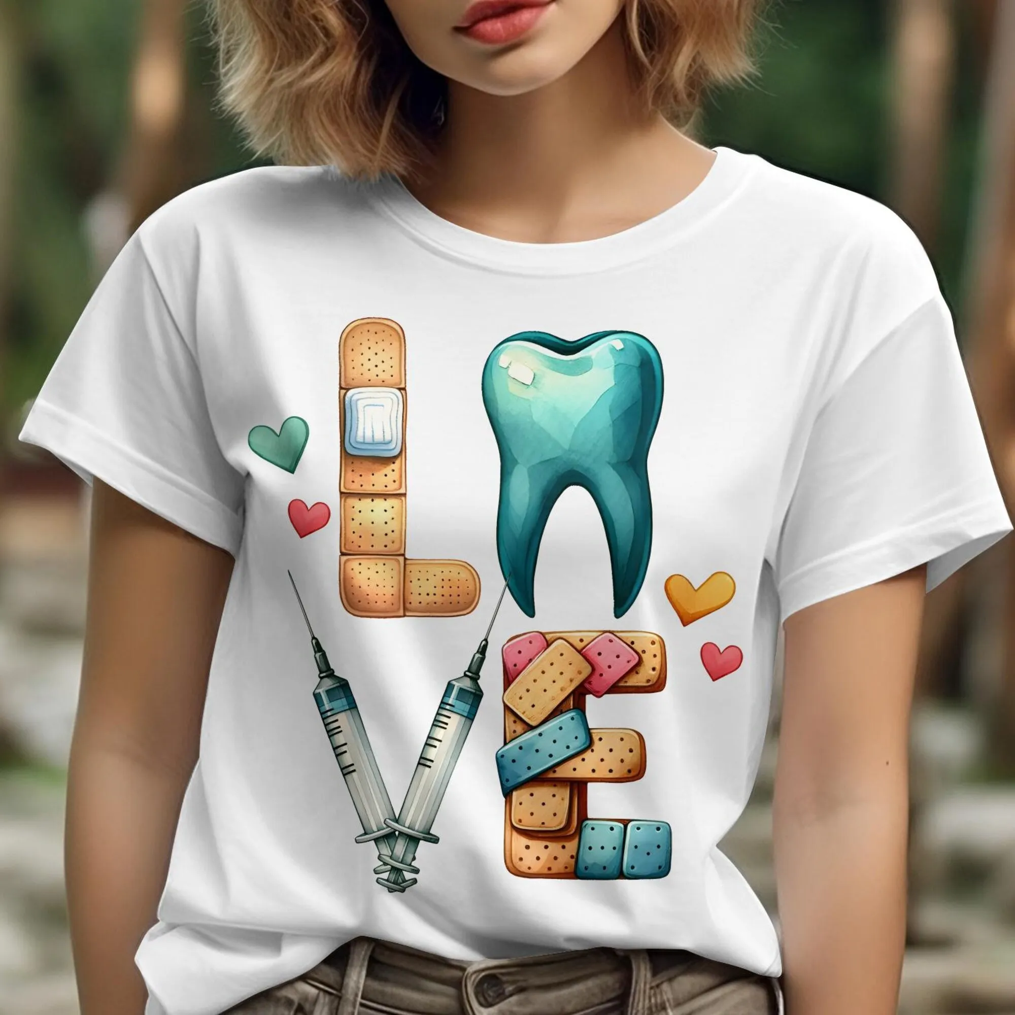 Dental Hygiene Lover T Shirt Tooth Molar Dentist Colorful Bandages Syringe Illustration