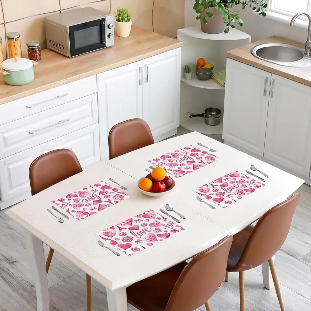 4 قطعة المفارش قلوب الحب 12x18 بوصة الحصير مكان عيد الحب لتناول الطعام طاولة الفناء رومانسية الورود الزهور زوجين #3