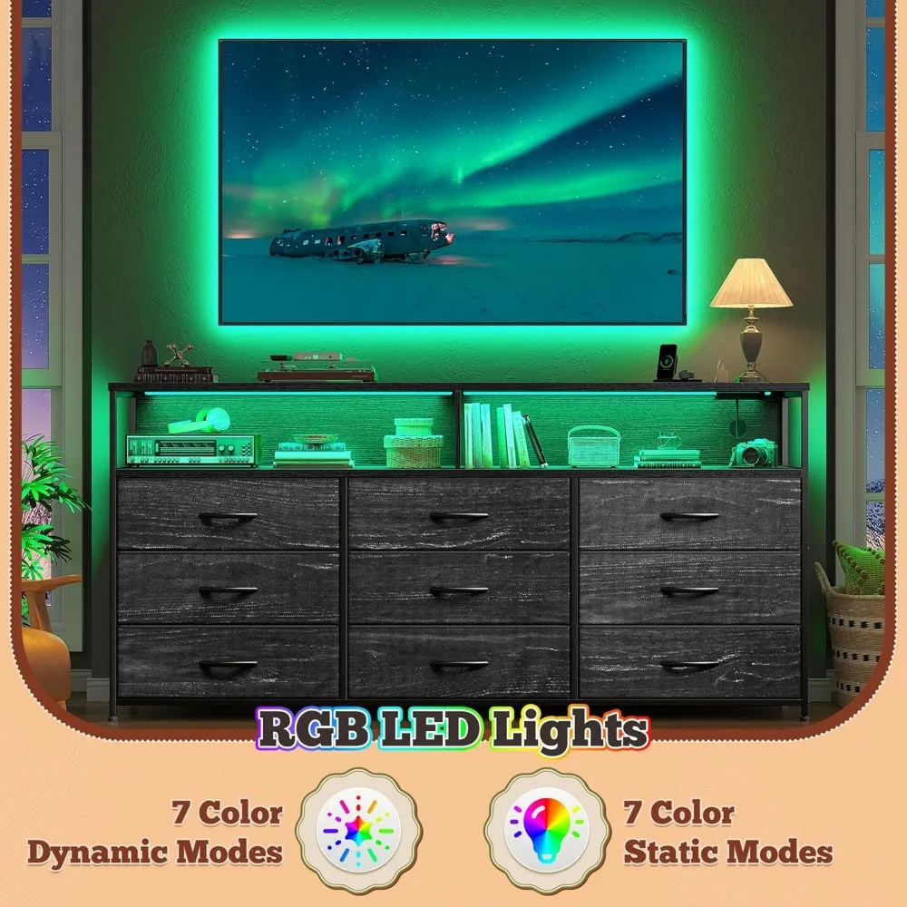 خزانة غرفة نوم 55 وات مع 9 أدراج، حامل تلفزيون LED مع منافذ طاقة لأجهزة التلفاز مقاس 45-65 بوصة، خزانة ذات أدراج طويلة متينة