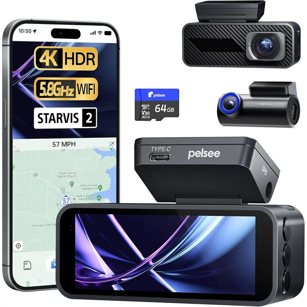 

Двойные 4K-камеры с сенсором STARVIS, 64 ГБ памяти, ночным видением, HDR, ADAS, GPS, Wi-Fi и голосовым управлением, круглосуточный мониторинг парковки, 3.39
