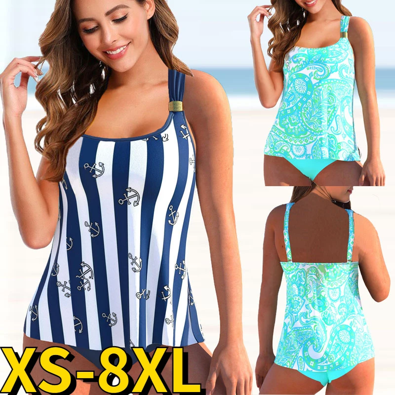 2022 New Stripe Printed High Waist Two Pieces Bikini Set Sexy Tankini Swimsuit Women Beachwear Swimwear Bather Bathing Suit