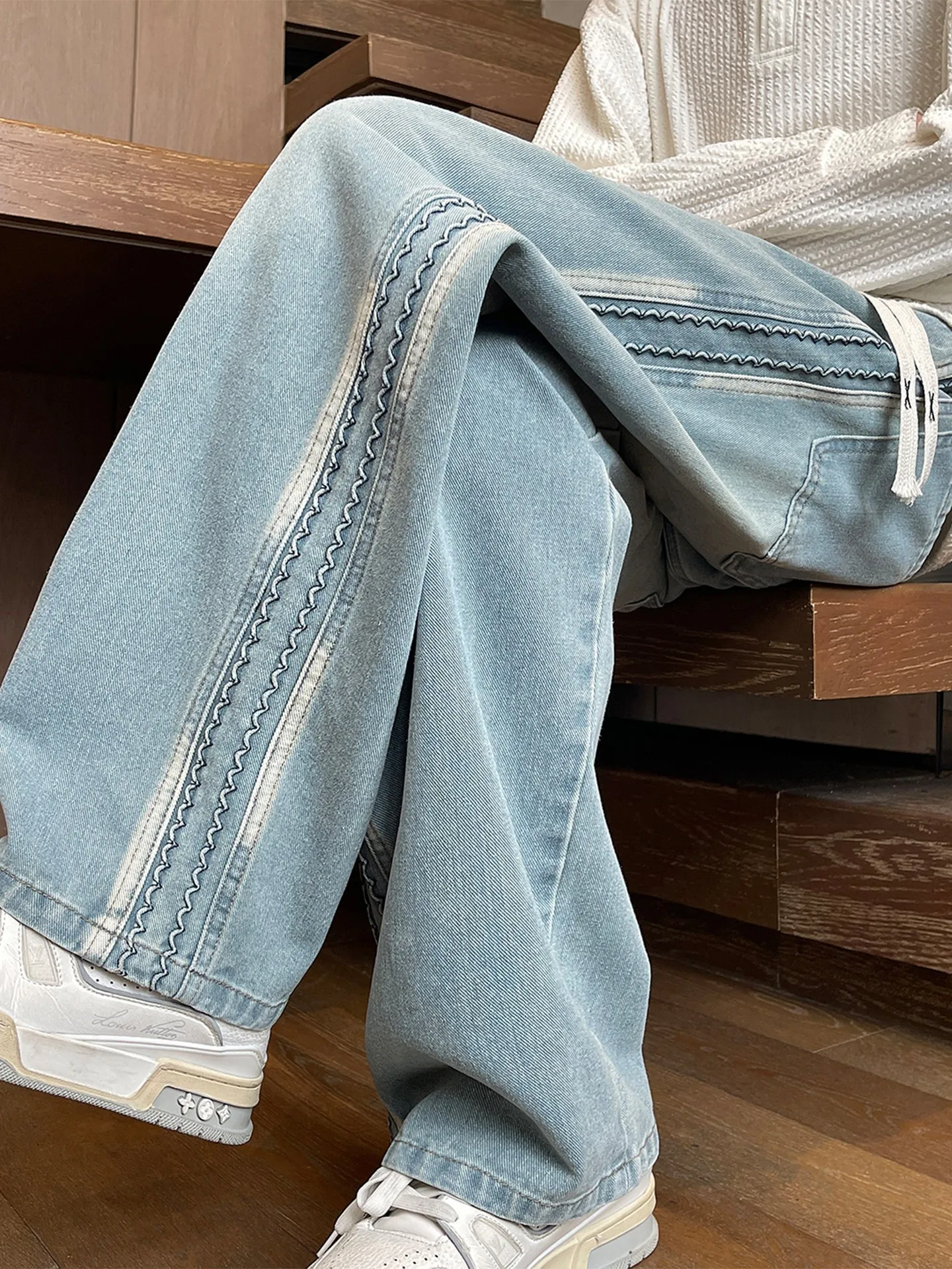 retro-washed-denim-jeans-men's-wave-pattern-woven-belt-straight-leg-casual-versatile-wide-leg-long-pants-spring-season-men's