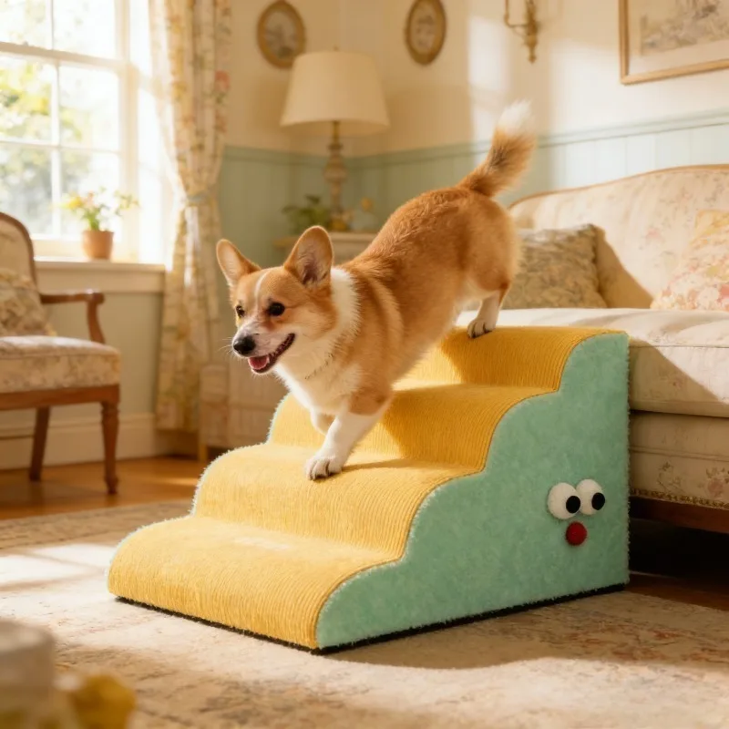 

Pet Stairs Dog Steps Ramp for Bed Sofa Non Slip Climbing Ladder Washable Cover Portable Assist Tool Senior Injured Small Dogs