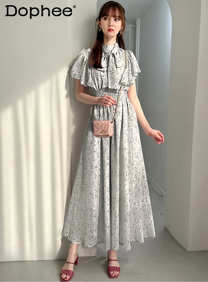 

Japanese Sweet Lady Floral Bow Lace-up Dress 2026 Summer New Daily Commuter Versatile Long Women's Dress