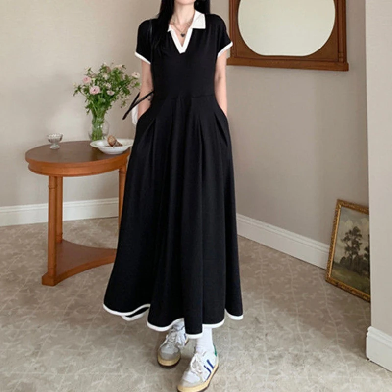 فستان أسود أنيق للسيدات للمكتب مقاس كبير بأكمام قصيرة فستان ميدي أنيق للنساء فستان فضفاض على شكل حرف a 2025 فستان كوري جديد