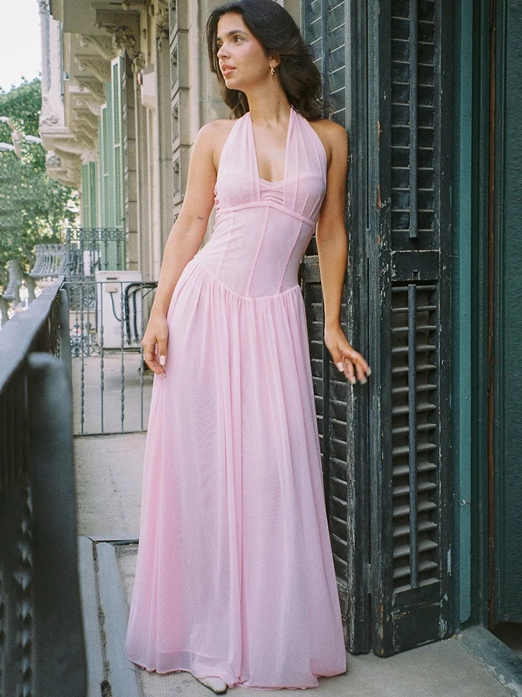 

Oniflyme Patchwork Ruched Sleeveless Maxi Dress Women Pink Halter Backless A-line Bodycon Streetwear Fashion Party Dresses Robes