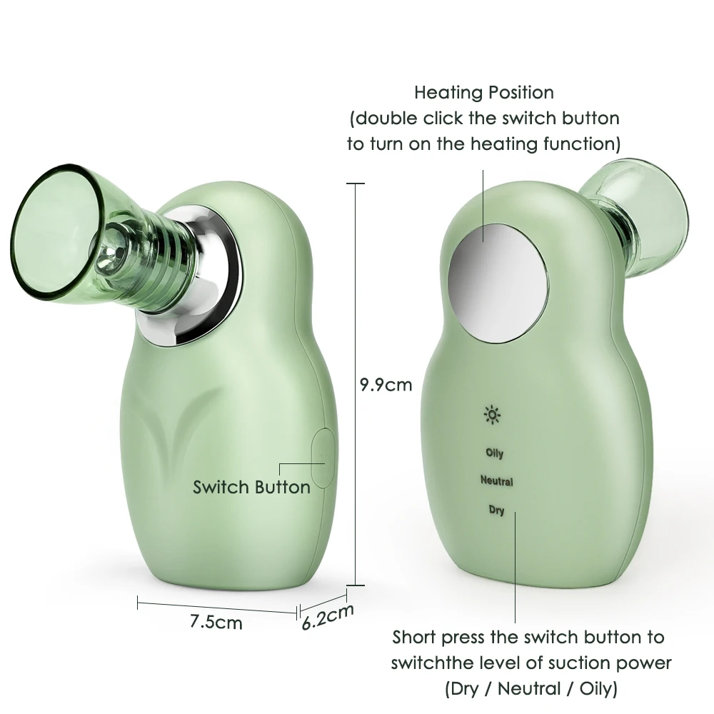 مستخرج الرؤوس السوداء باللون الأخضر الصغير، مزيل الرؤوس السوداء الكهربائي ذو الفقاعات الدقيقة، منظف مسام الوجه