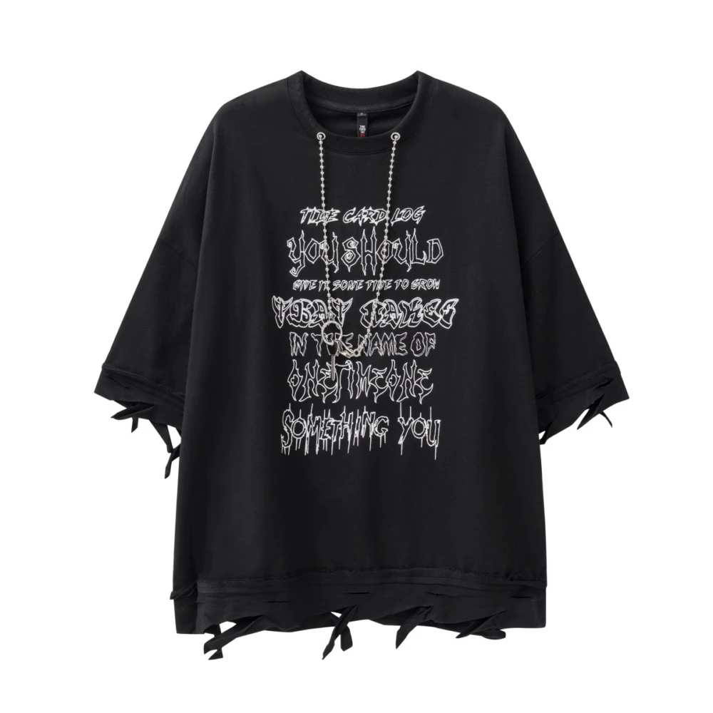 With Necklace Ripped CUT Oversize Women\'s T-Shirt Streetwear Y2k Half Sleeve Plus Size Aesthetic Gothic Summer Tops for Girls