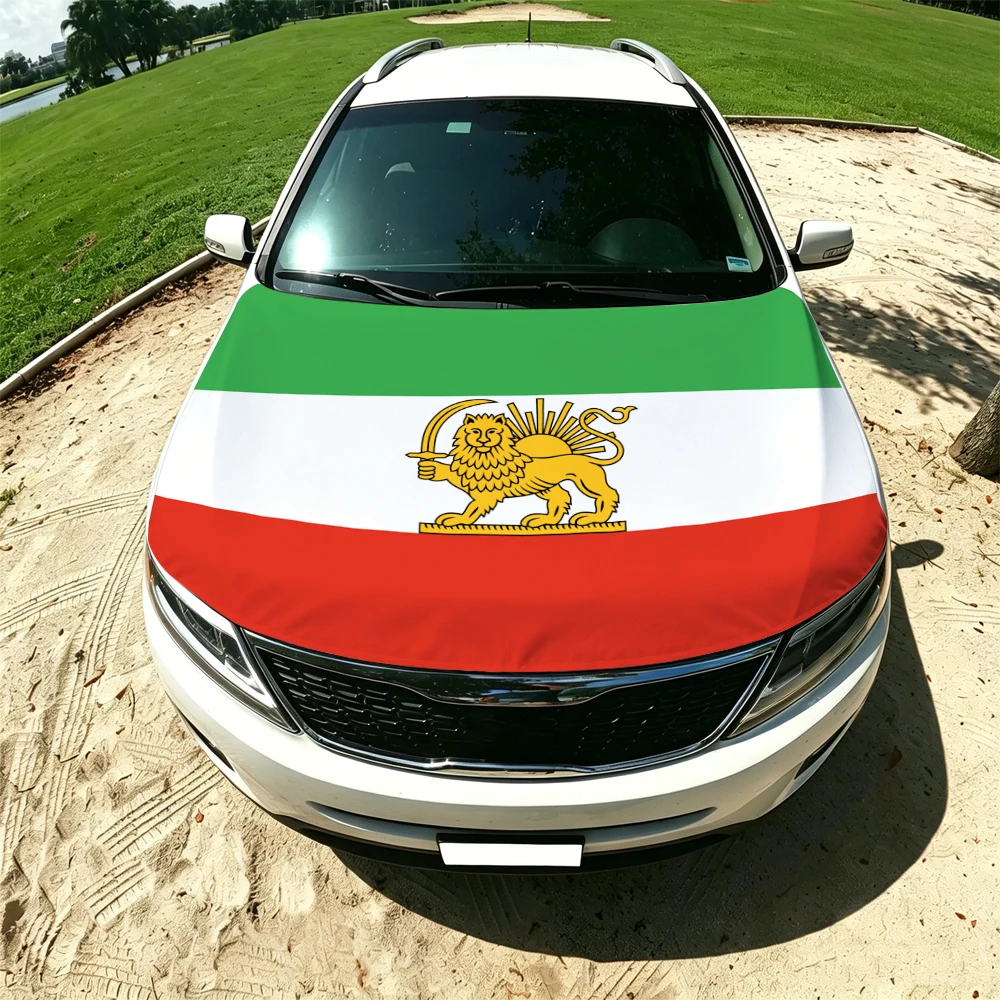 130x160cm Iran Lion and Sun Elastic Car Engine Hood Flag Elastic Windproof Patriotic Bonnet Banner Cheer for the competition