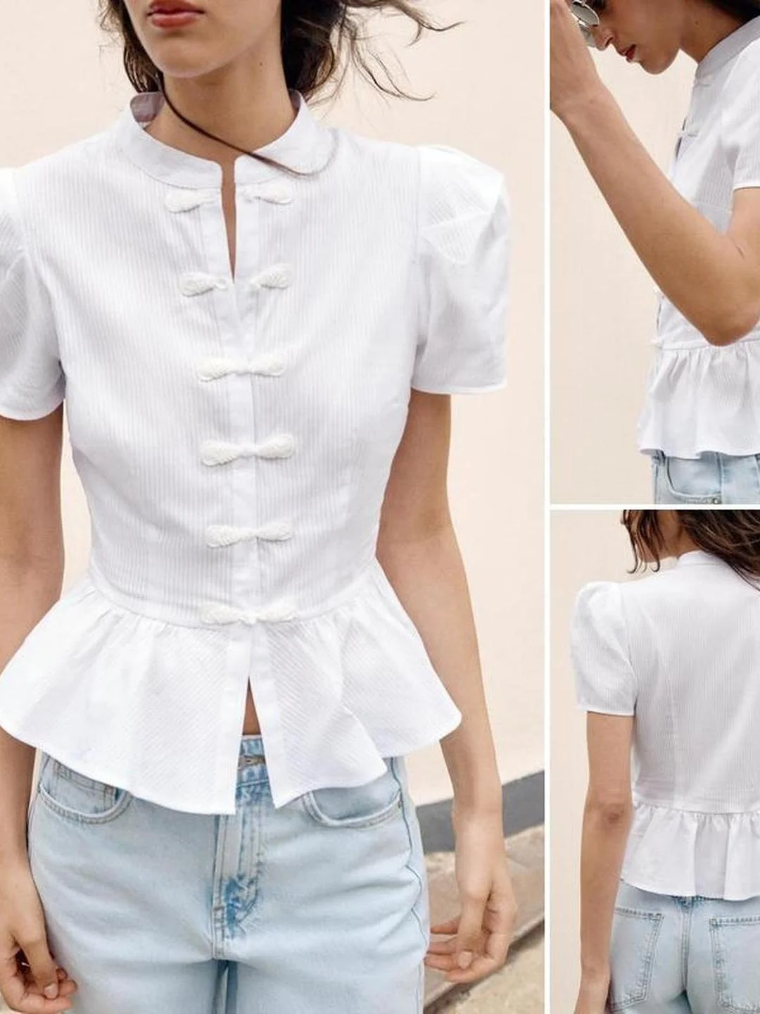 Casual round Neck Short Sleeve A-Line Shirt Rope Knot Button Retro Fashion Women's Polyester Fiber Skin-friendly Breathable