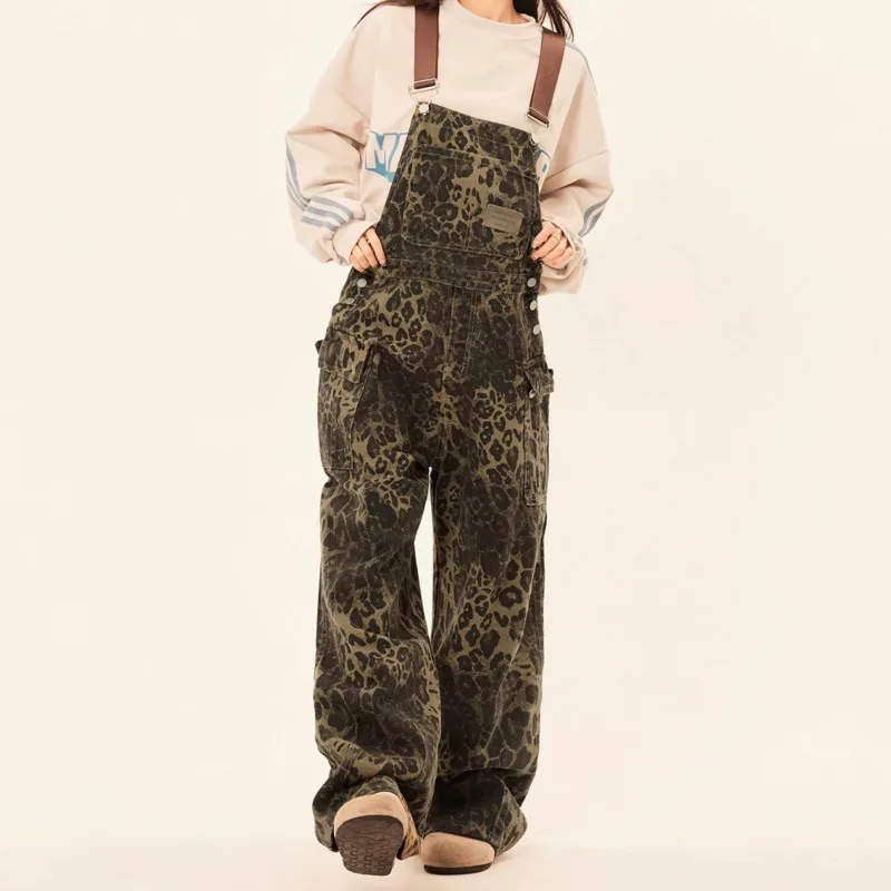 2024 Autumn retro street leopard print overalls with trendy Instagram style design, loose and wide leg casual jumpsuit pants