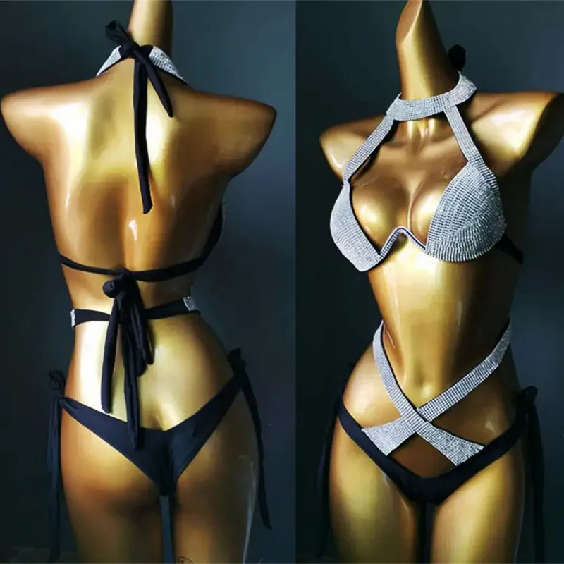 

Sexy Nightclub Bar Rhinestones Bikini Pole Dancing Performance Costume Carnival Party Swimsuit Festival Show Stage Wear