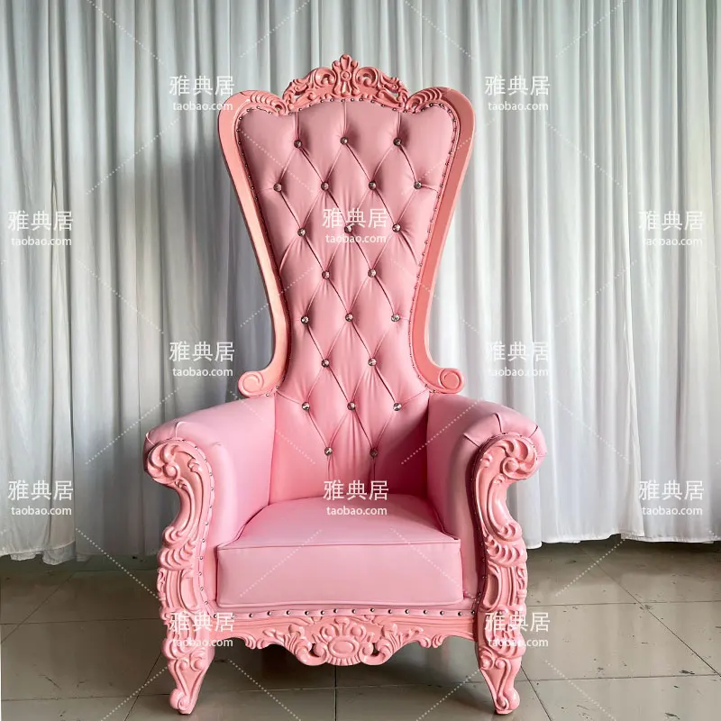 European Neoclassical High Back Chair Store Hotel Image Chair Solid Wood Decoration Luxury Pink High Back Sofa Chair