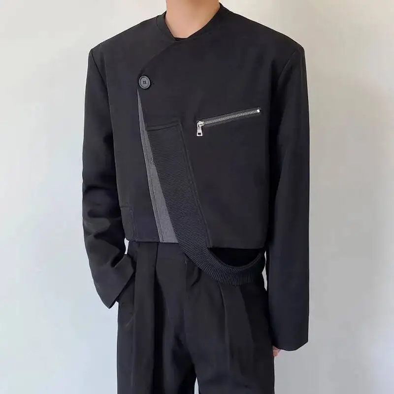 Men's Blazer Suits Double Layer Color Matching Streetwear Round Neck Long Sleeve Button Suit Jacket Fashion Casual Crop Coats