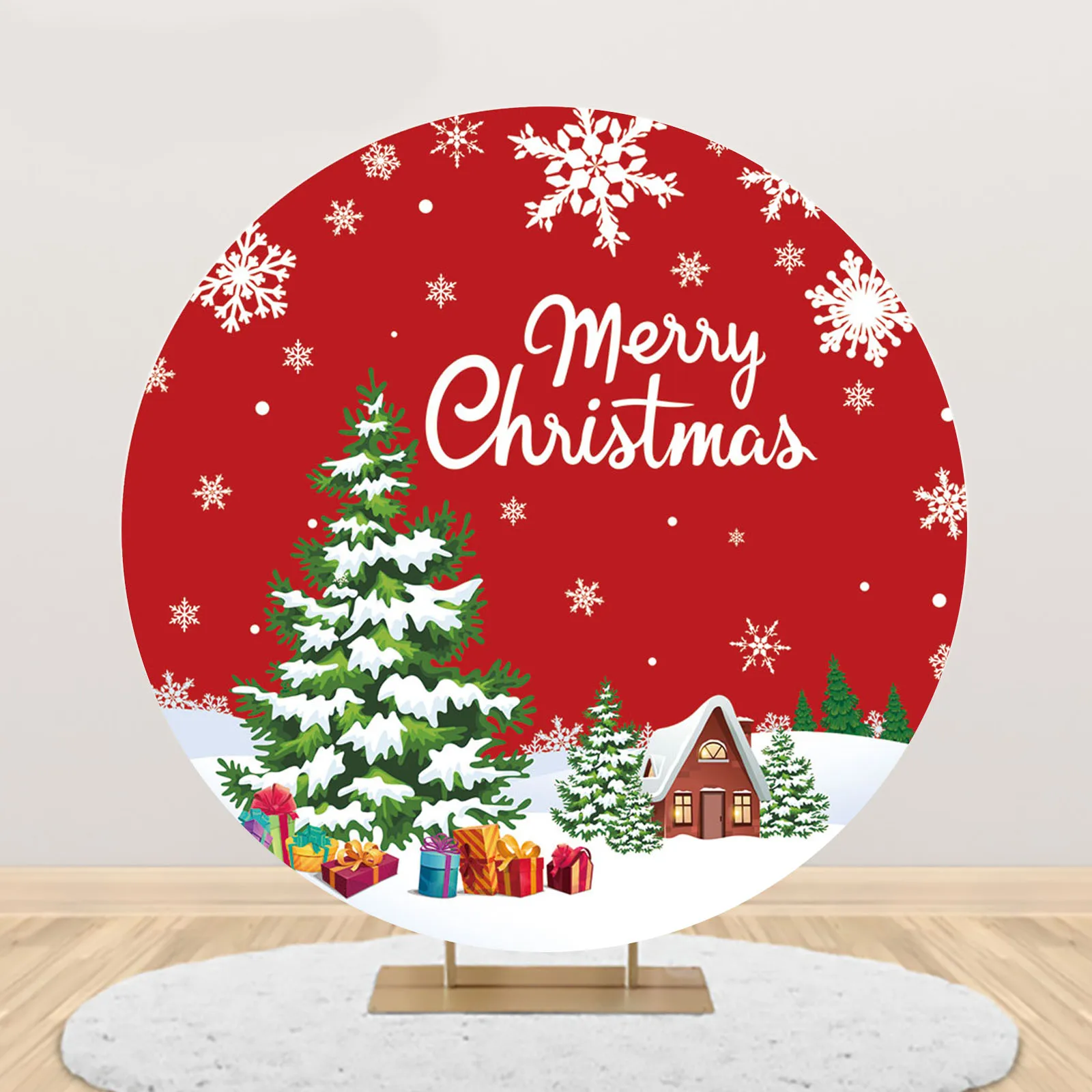 Merry Christmas Round Arch Backdrop Cover Green Xmas Tree White Snowflake Red Photography Background Festival Party Decoration