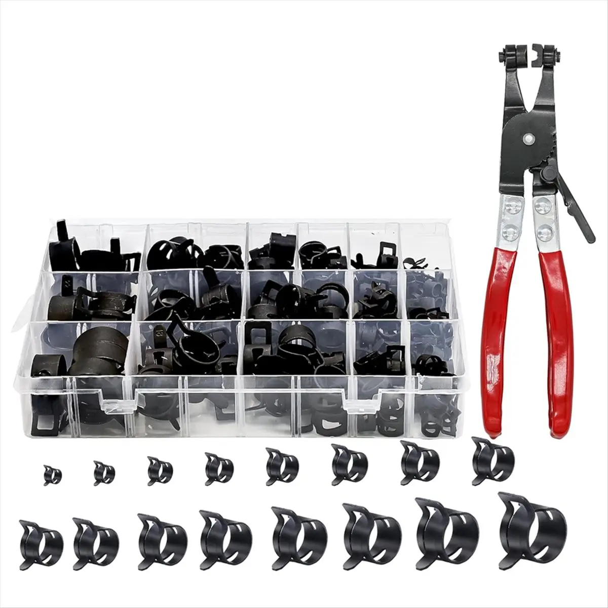 *N21R 130Pcs 6-25mm Spring Band Hose Clamps with Swivel Hose Clamp Plier Assortment Kit,Constant Tension Hose Clamp Fuel Line