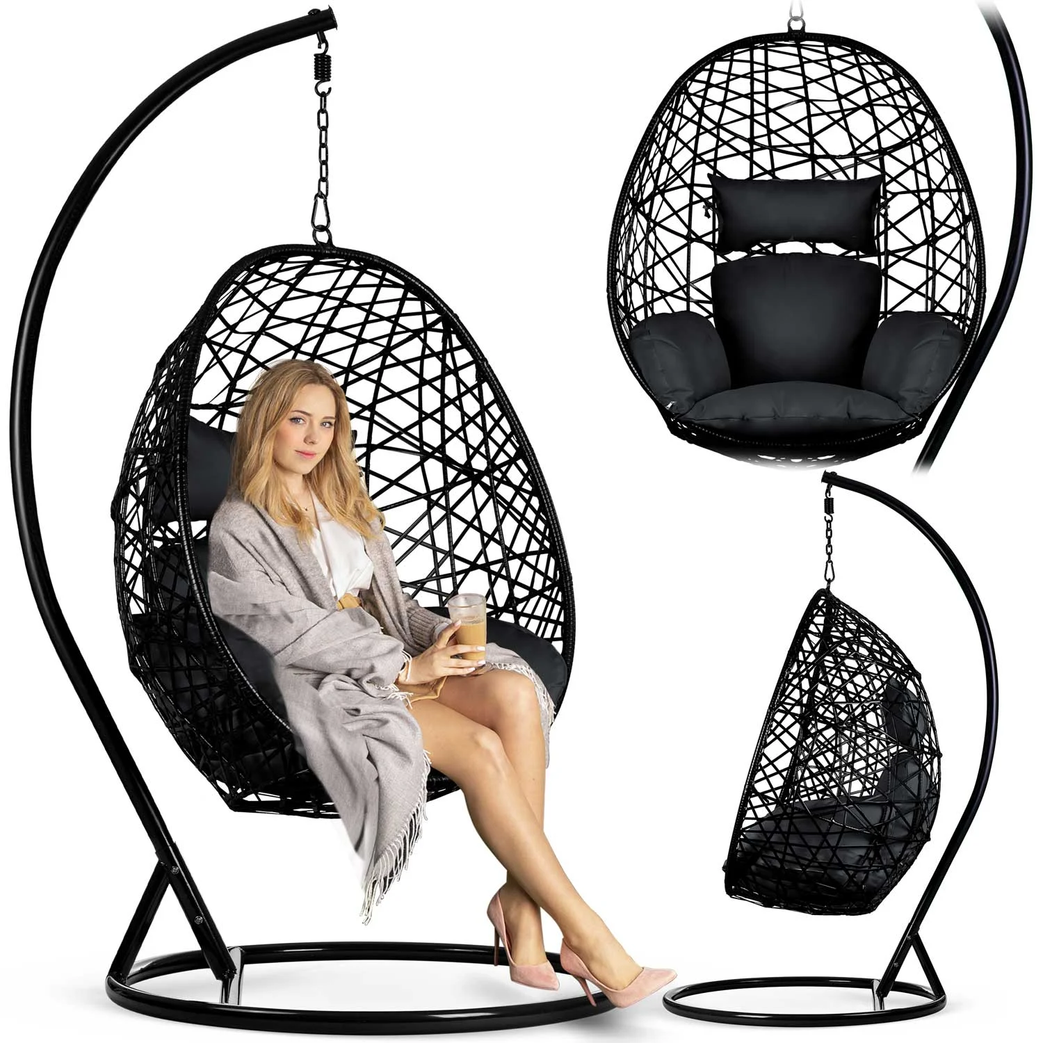 

Black Rattan Patio Swing Modern Durable Outdoor Hanging Egg Chair