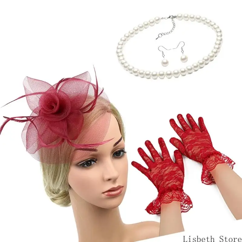 

124A Lightweight Headpiece Hats and Gloves Necklace Lace Gloves For Festival Outfits