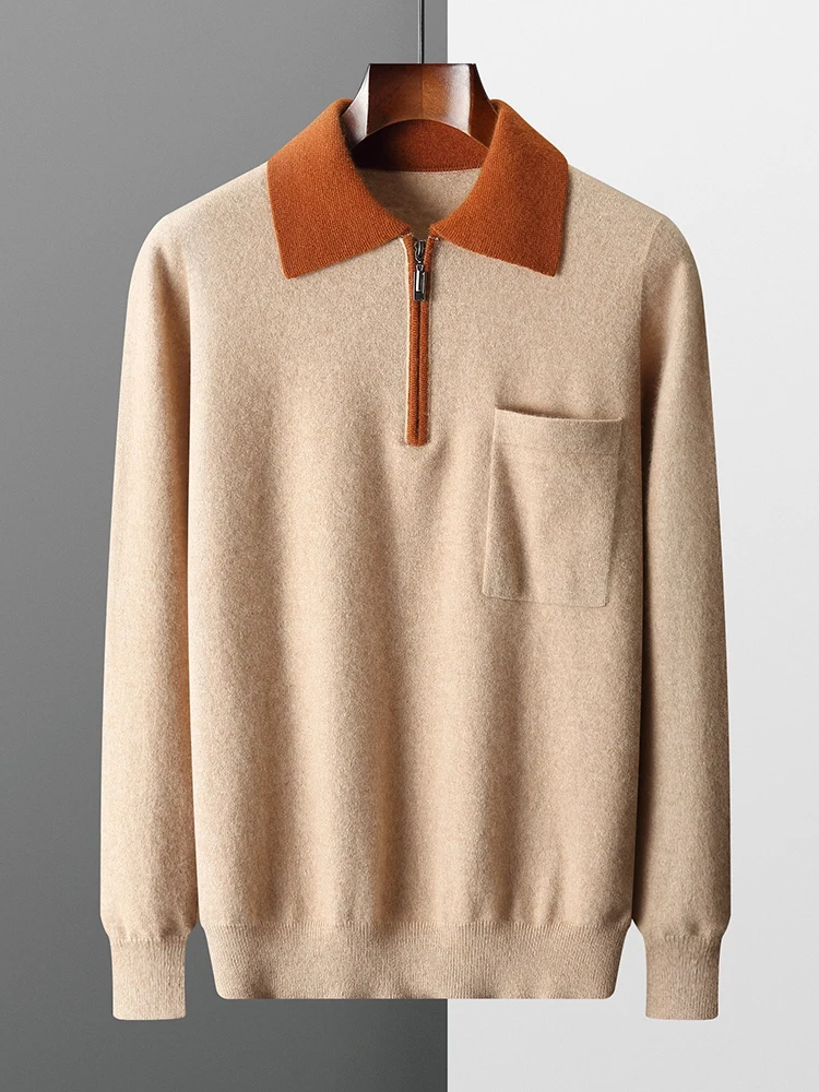 Maglione con colletto polo in colore a contrasto Autunno Inverno Pullover casual da uomo 100% maglieria in cashmere Mezza cerniera Design Abbigliamento maschile