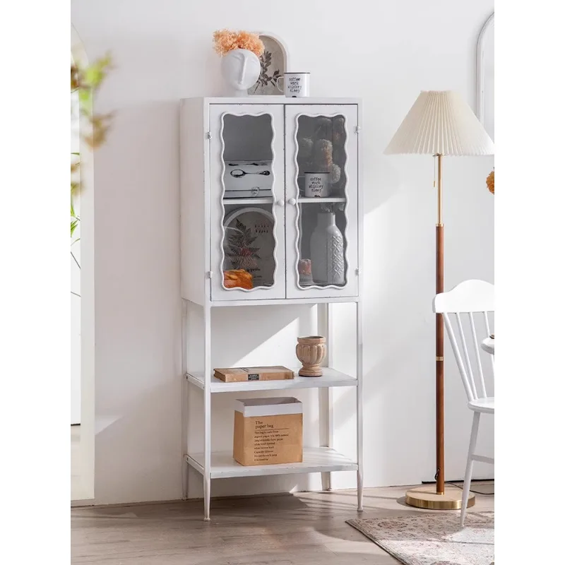 French retro iron bookshelf with glass door, white cream style home living room display cabinet, bookshelf storage rack