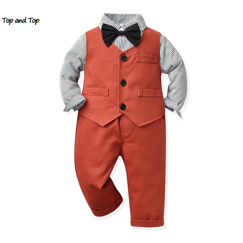 

top and top Fashion Autumn Winter Baby Boys Gentleman Clothing Sets Long Sleeve Striped Shirts Tops+Vest+Pants Infant Boys Suits