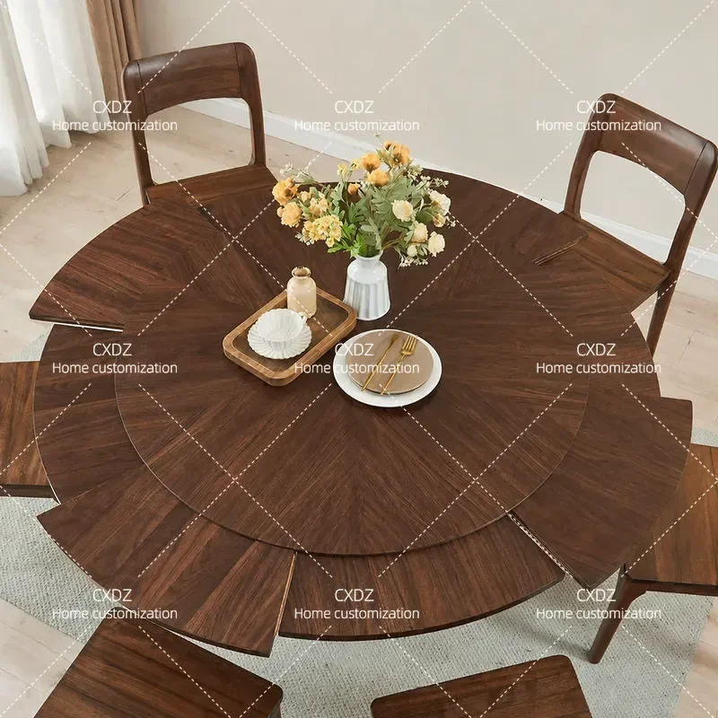 Rotating Large Round Dining Table Walnut Solid Wood Retractable Expandable Household Furniture Modern Aesthetic Style