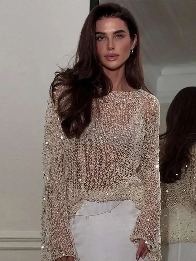 แฟชั่นเลื่อมถัก Hollow Out เสื้อกันหนาวผู้หญิง O-คอหลวมแขนยาวถักฤดูใบไม้ผลิหญิง Chic Pullover V89Q