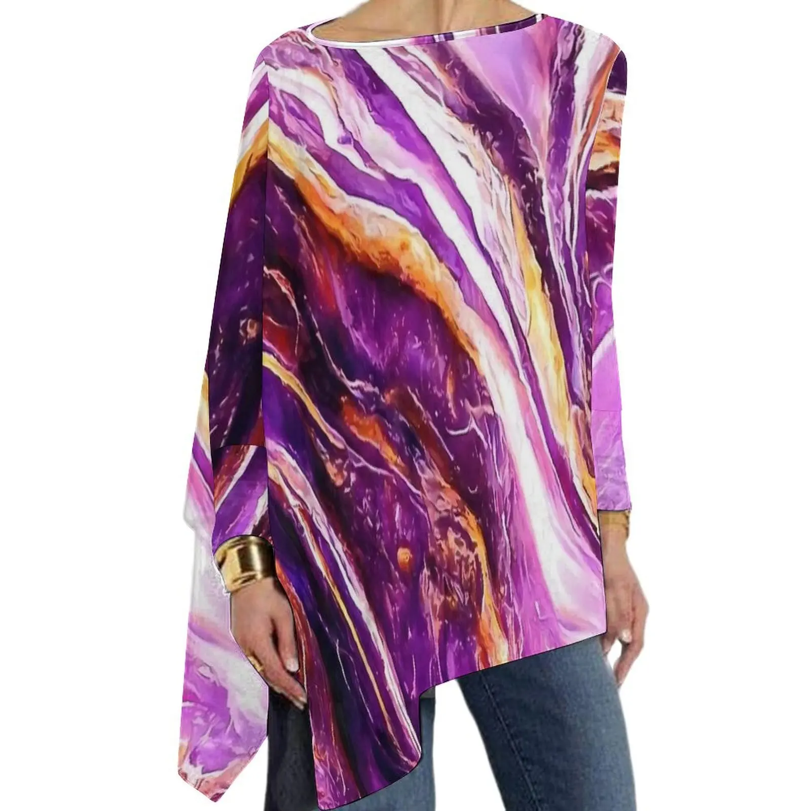 Purple And Gold Marble Print T-Shirt  Kawaii Long-Sleeve T-Shirts Female Loose Tee Shirt Big Size Printed Tops