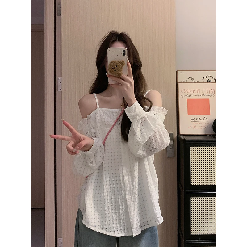 L-4XL Large Size Loose Women T-shirts Long Sleeve Solid White Slash Neck Tops Loophole Transparent Camisoles Off Shoulder Tees