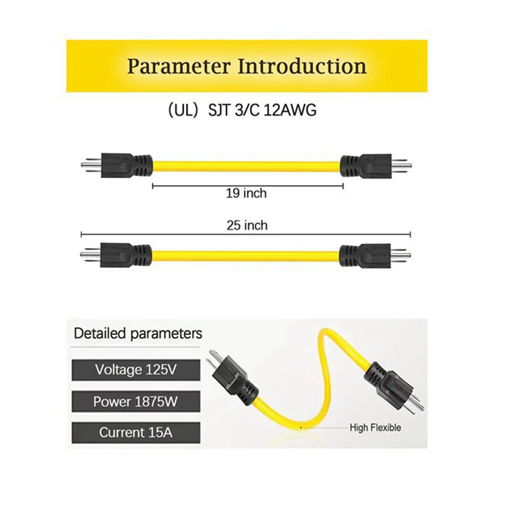 3 Prong Double Male Adapter Male to Male 5-15P Extension Cord 12AWG 125V US Plug Generator Cord for Transfer Switch Dropshipping