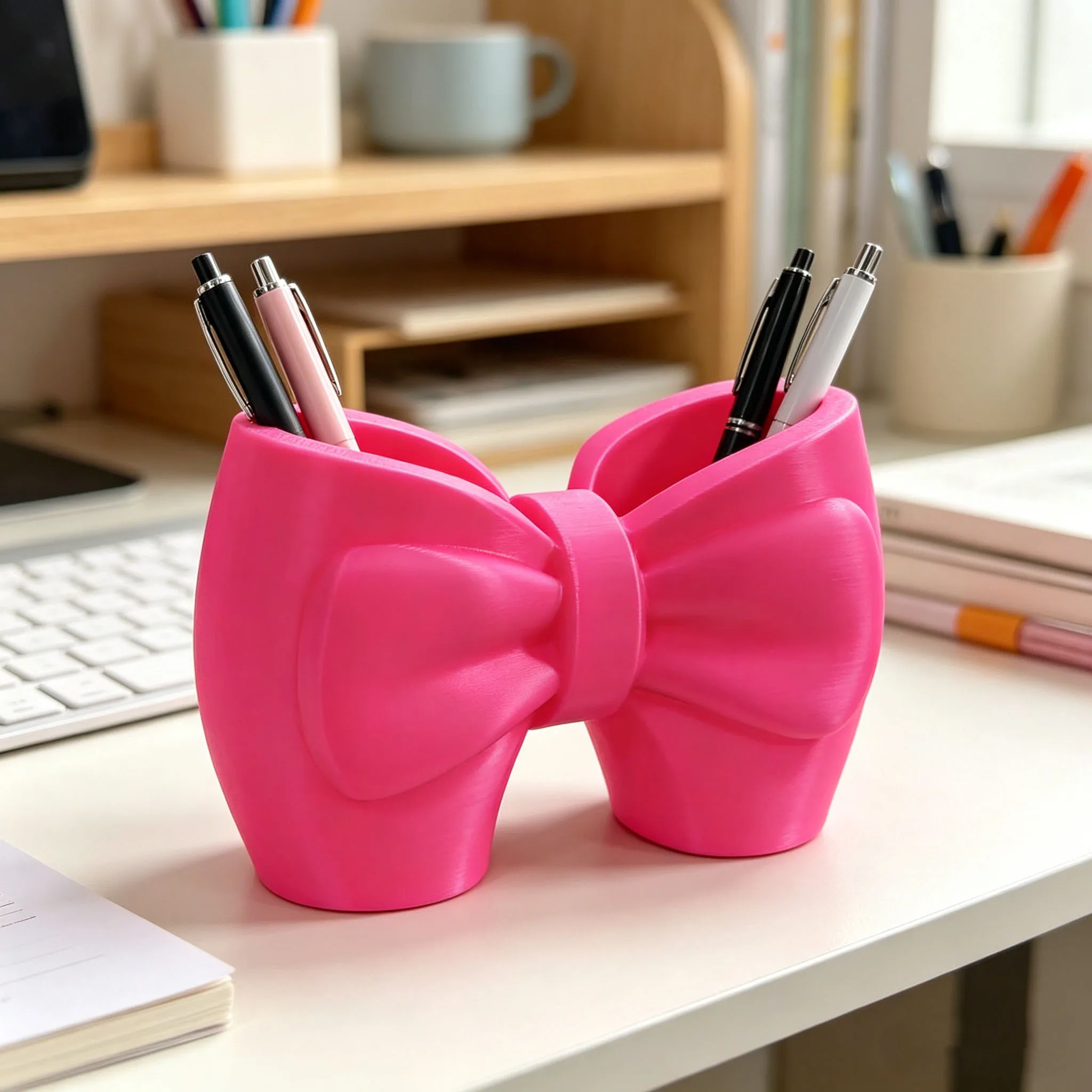 3D Printed Girly Bowknot Storage Tube, Makeup Brush Holder, Desktop Multifunctional Pen Holder, Bathroom Toothbrush Stand, Single Piece