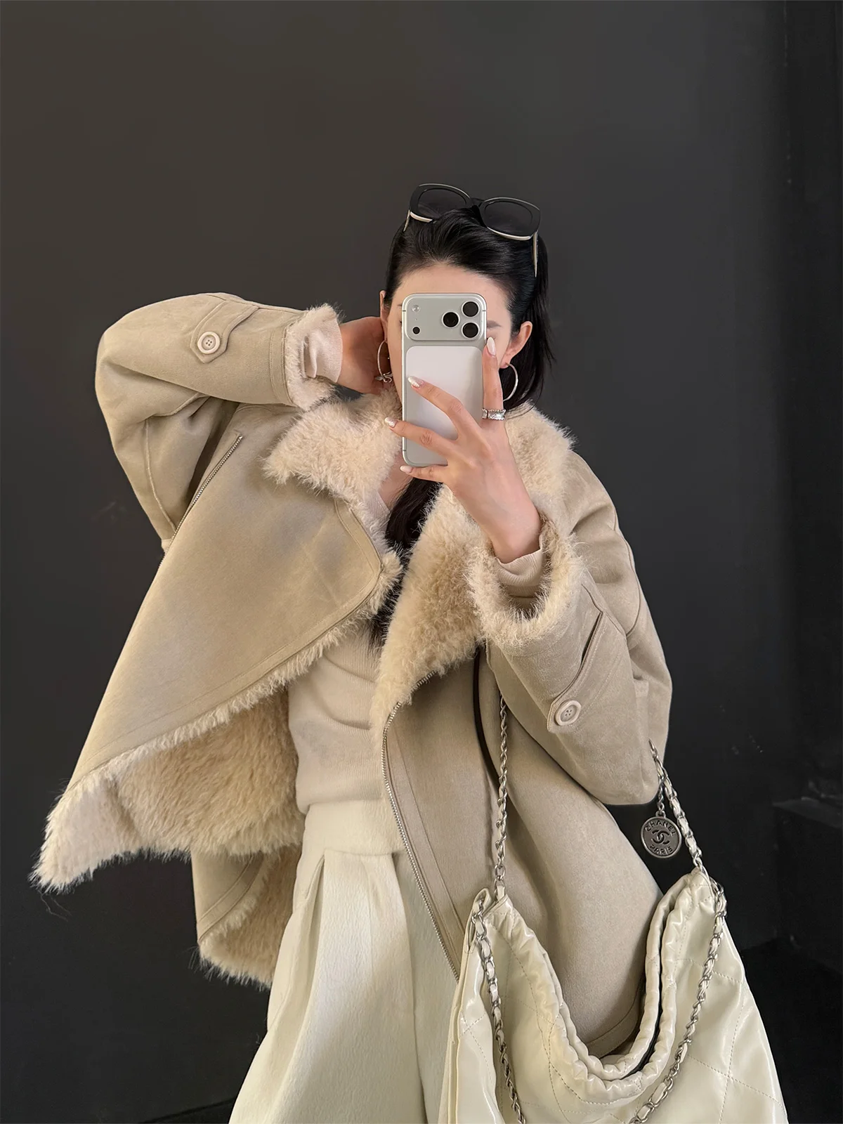 Jaqueta Feminina Forrada com Lã, Quente de Inverno, com Zíper, Couro Camurça e Gola Integrada de Pele, Casaco de Gola Alta