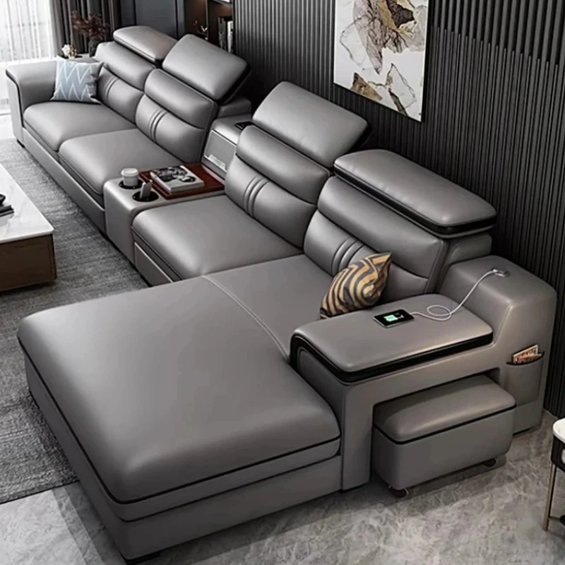 Genuine Leather Sofa Cowhide Modern Wireless Charging Smart Audio Sofa Living Room Corner Combination Divano Home Furniture