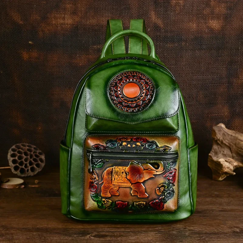 

2025 New Retro Women's Leather Backpack Elephant Pattern Embossing Large Capacity Leisure Travel Bags